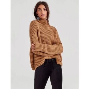 7 FOR ALL MANKIND Chunky Turtleneck Mockneck Boxy Sweater Wool Camel Medium